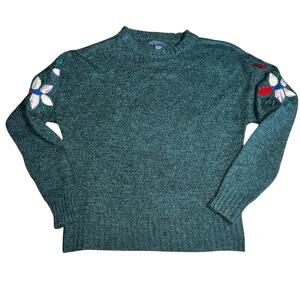 Primark green wool embroidered floral boho fall women's sweater size Medium